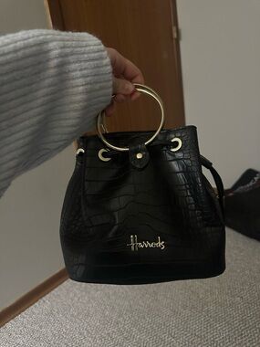 Harrods Black Croc-Embossed Gold Ring Handle Mini Bucket Bag